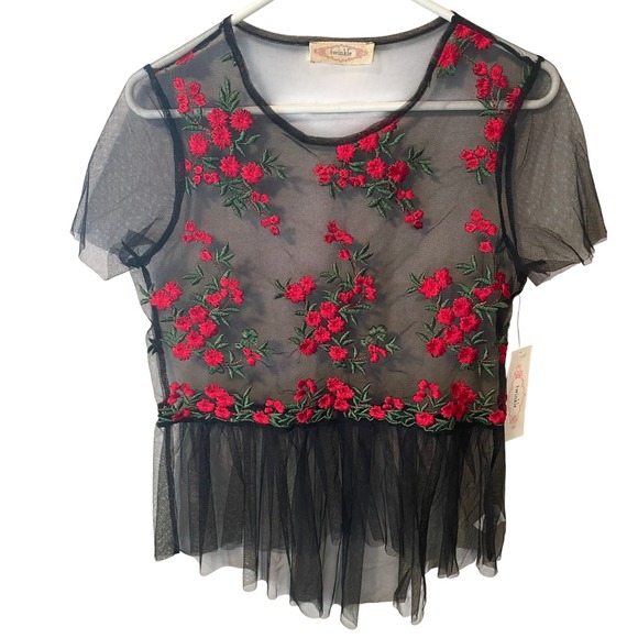 Twinkle Tops - Twinkle Womens M Black Sheer Mesh Floral Embroidered NWT Fairycore Whimsygoth